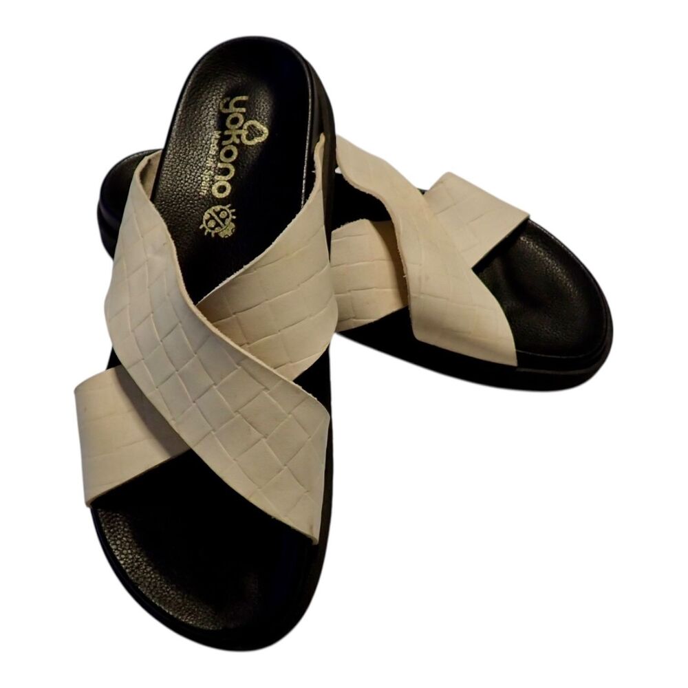 Yokono Sandals 40 9 9.5 Cream Crisscross Stamped Leather Slide Wedge Spain